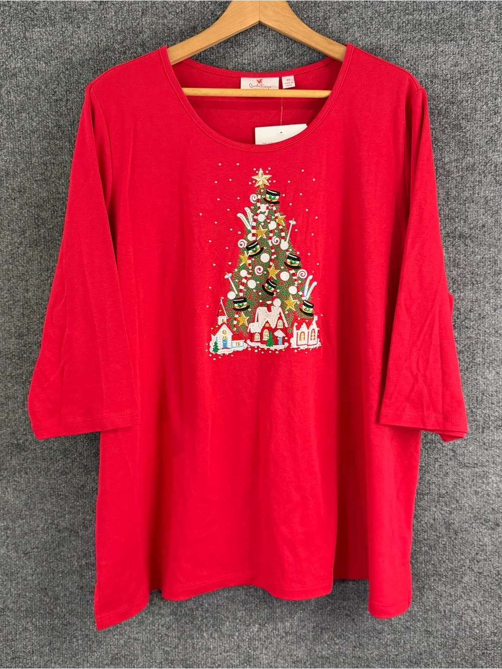 Quacker Factory Womens 2X Tunic Top Red Christmas Tree Holiday 3/4 Sleeve NWT